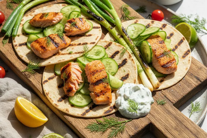Grillatut lohitortillat mummonkurkuilla