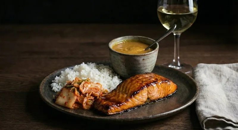Miso-lohi, riisi ja kimchi