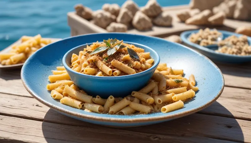 Tortiglioni suolasardellilla ja korppujauhoilla