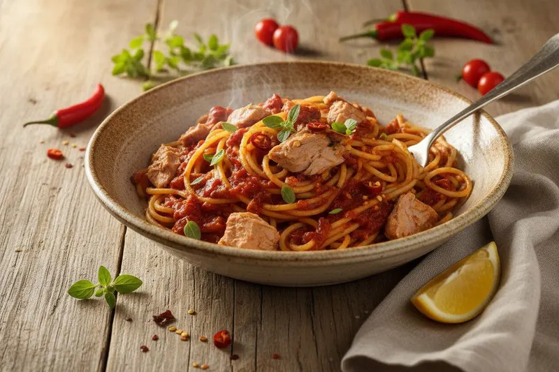 Tulinen tonnikalapasta tomaattikastikkeella